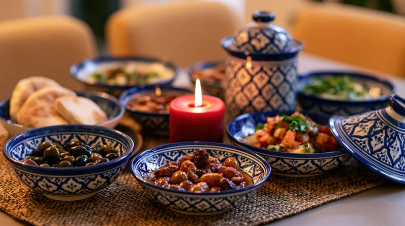 Middle eastern mezze spread with patterned ceramic bowls and a lit red candle on a dining table