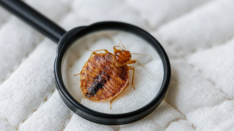 Bed bug under magnifying glass on white quilted mattress fabric