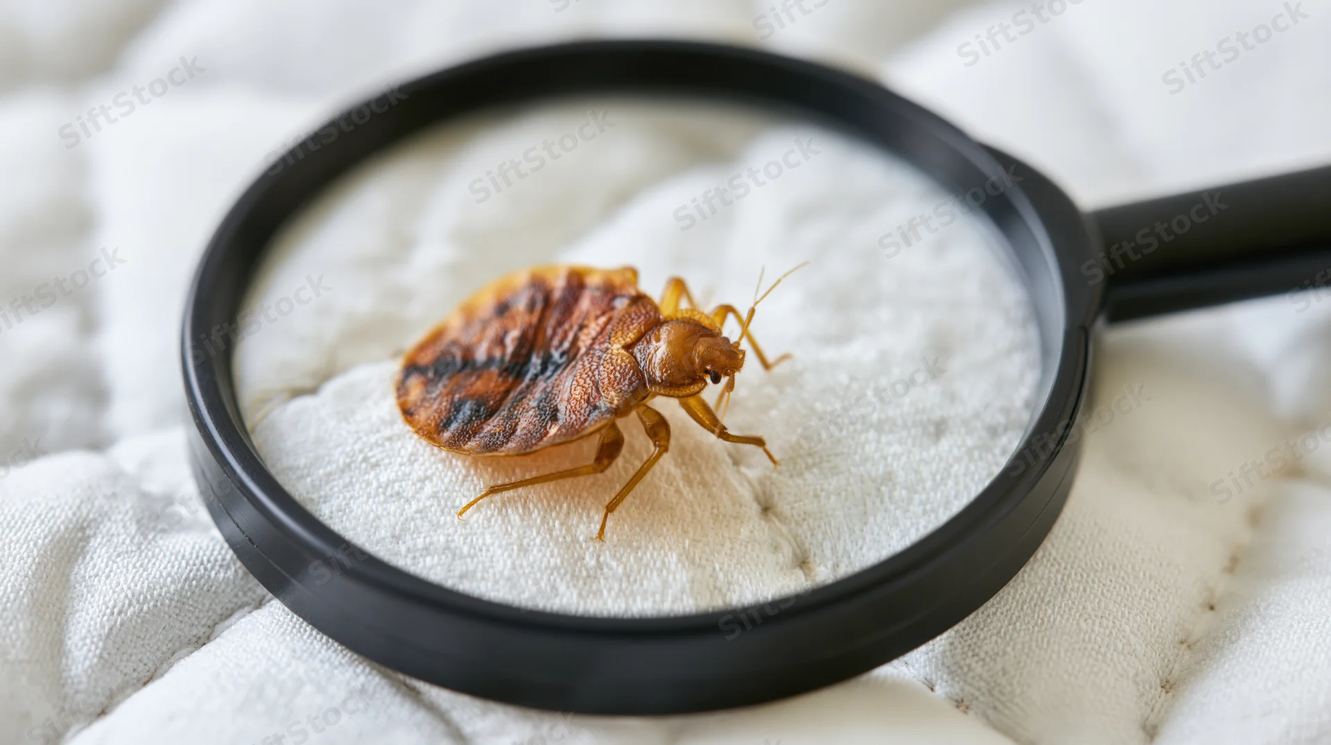 Bed bug under magnifying glass on white mattress surface