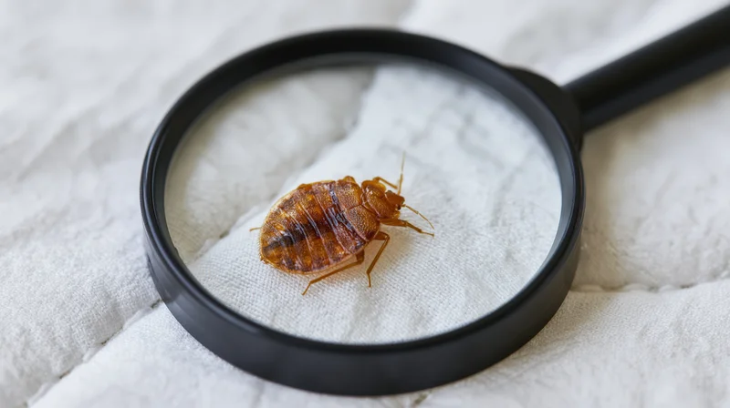 Bed bug under magnifying glass on white fabric surface