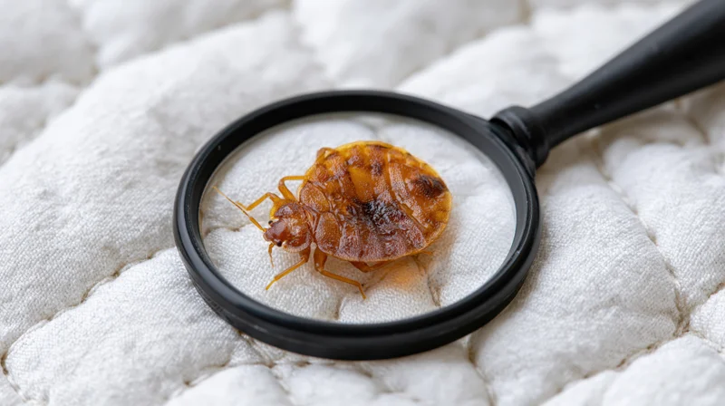 Bed bug under magnifying glass on white quilted mattress