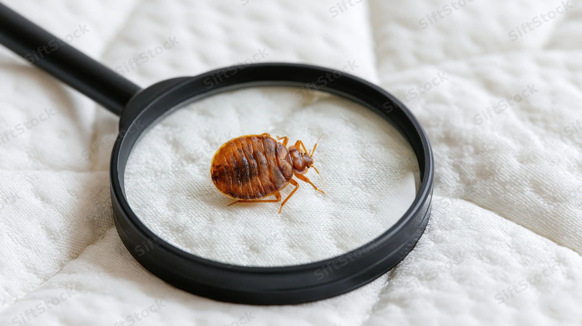 Bed bug under magnifying glass on white quilted mattress surface