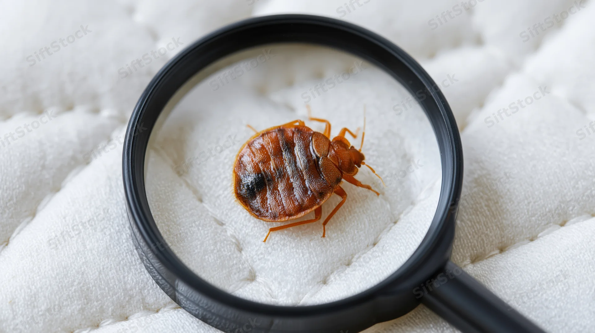 Bed bug under magnifying glass on white quilted mattress