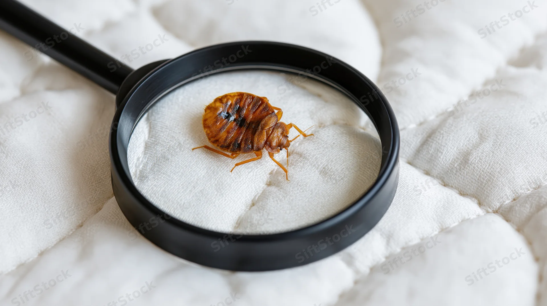 Bed bug under magnifying glass on white quilted mattress