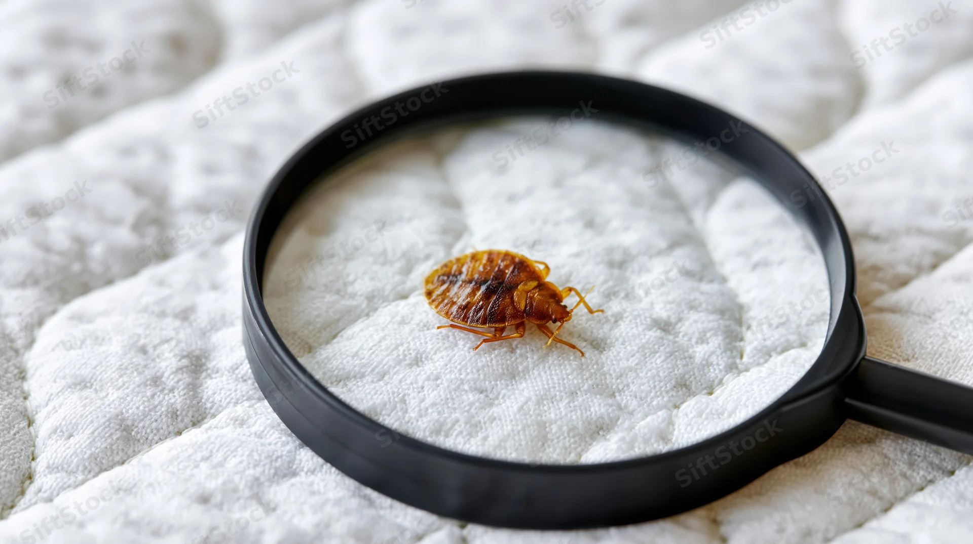 Bed bug under magnifying glass on white quilted mattress