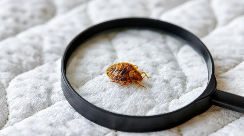 Bed bug under magnifying glass on white quilted mattress