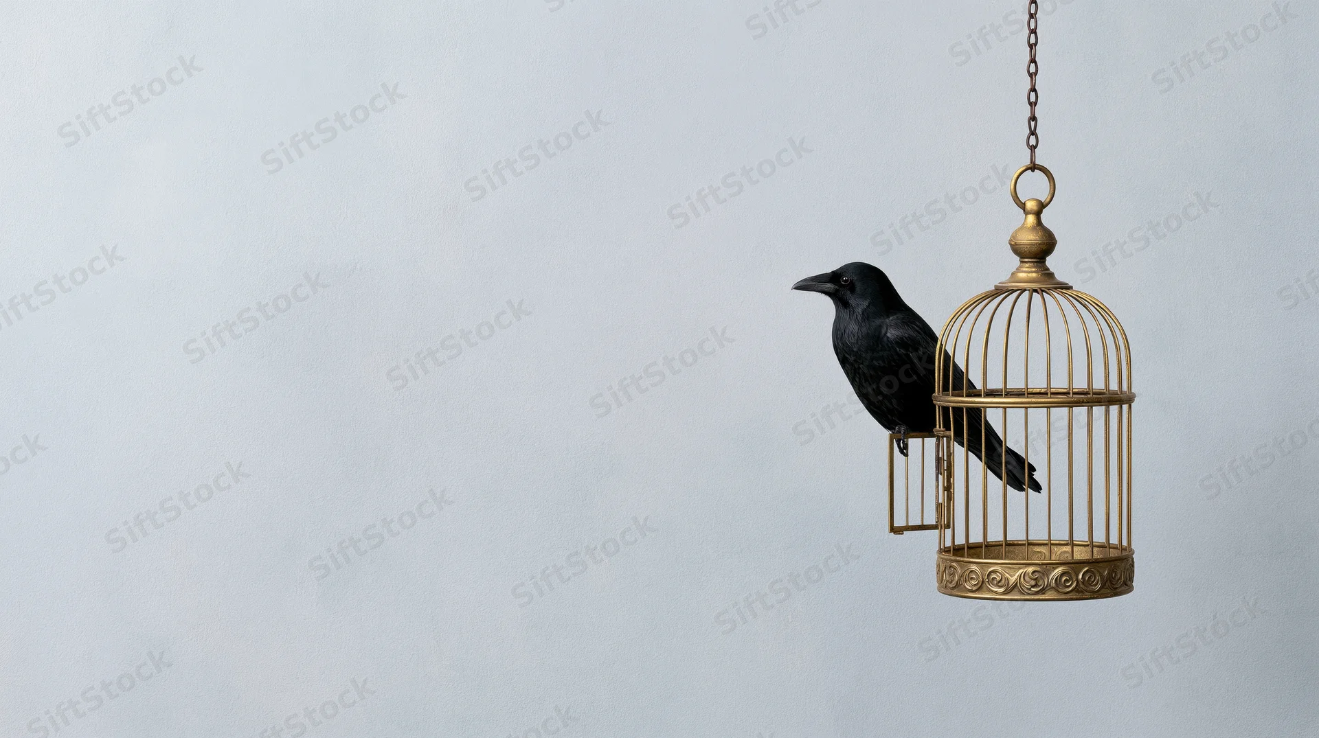 Black crow perched inside open antique brass birdcage hanging against light gray background