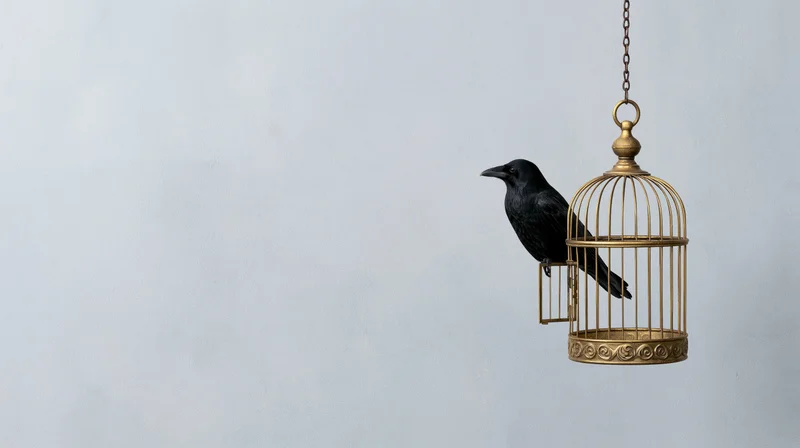 Black crow perched inside open antique brass birdcage hanging against light gray background