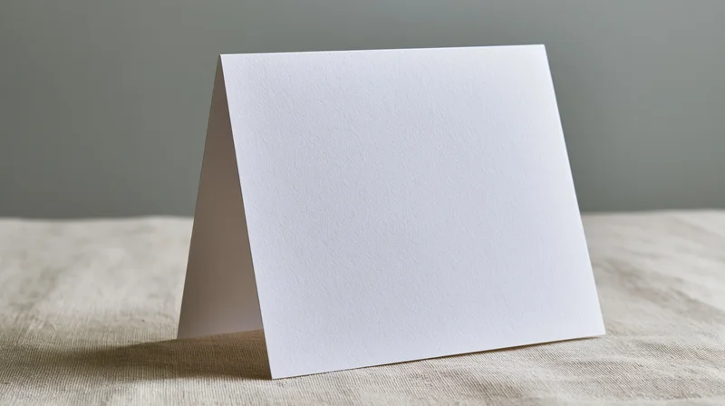 Blank white folded greeting card standing upright on textured fabric surface