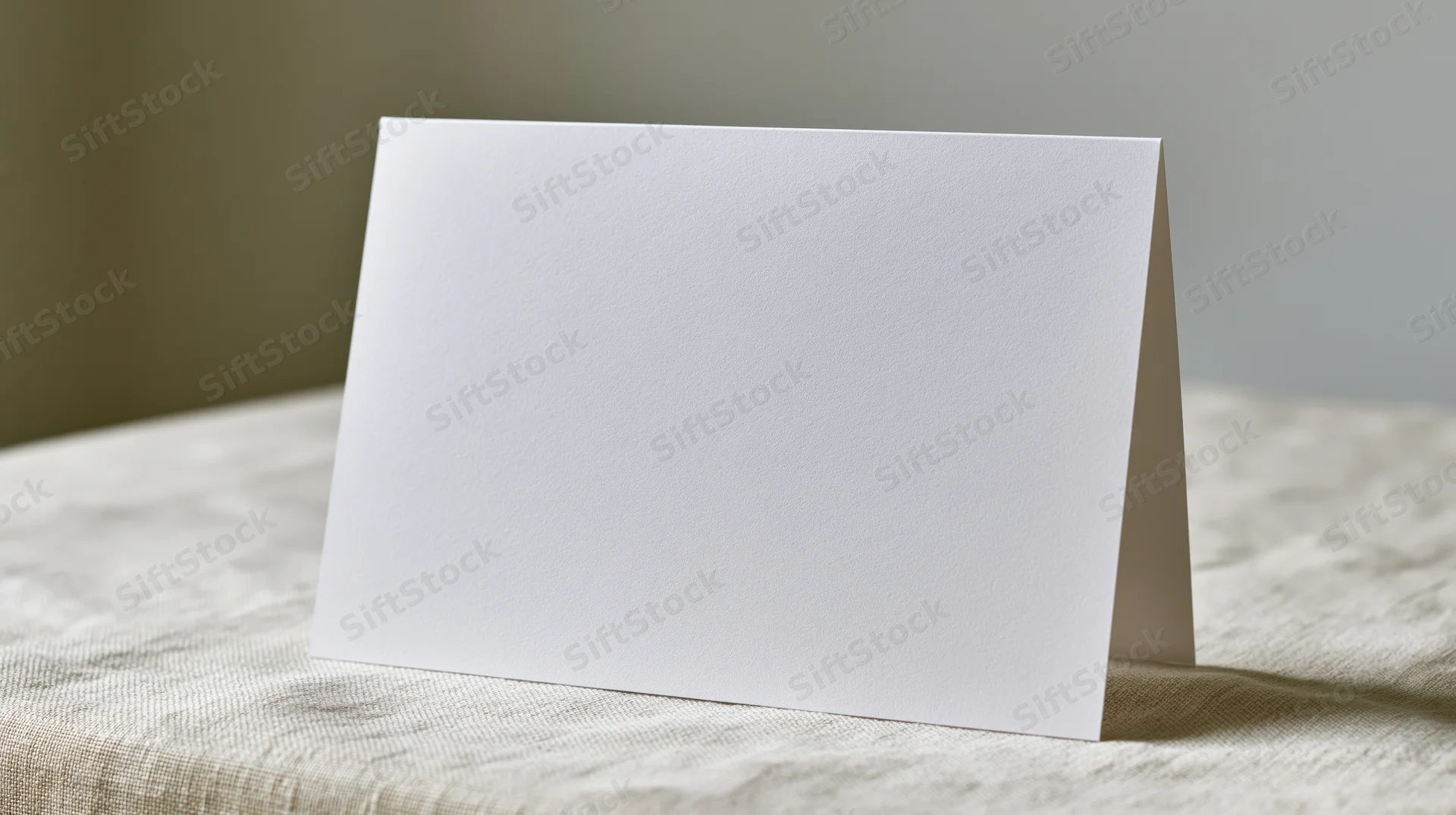 Blank white folded greeting card standing upright on textured fabric surface