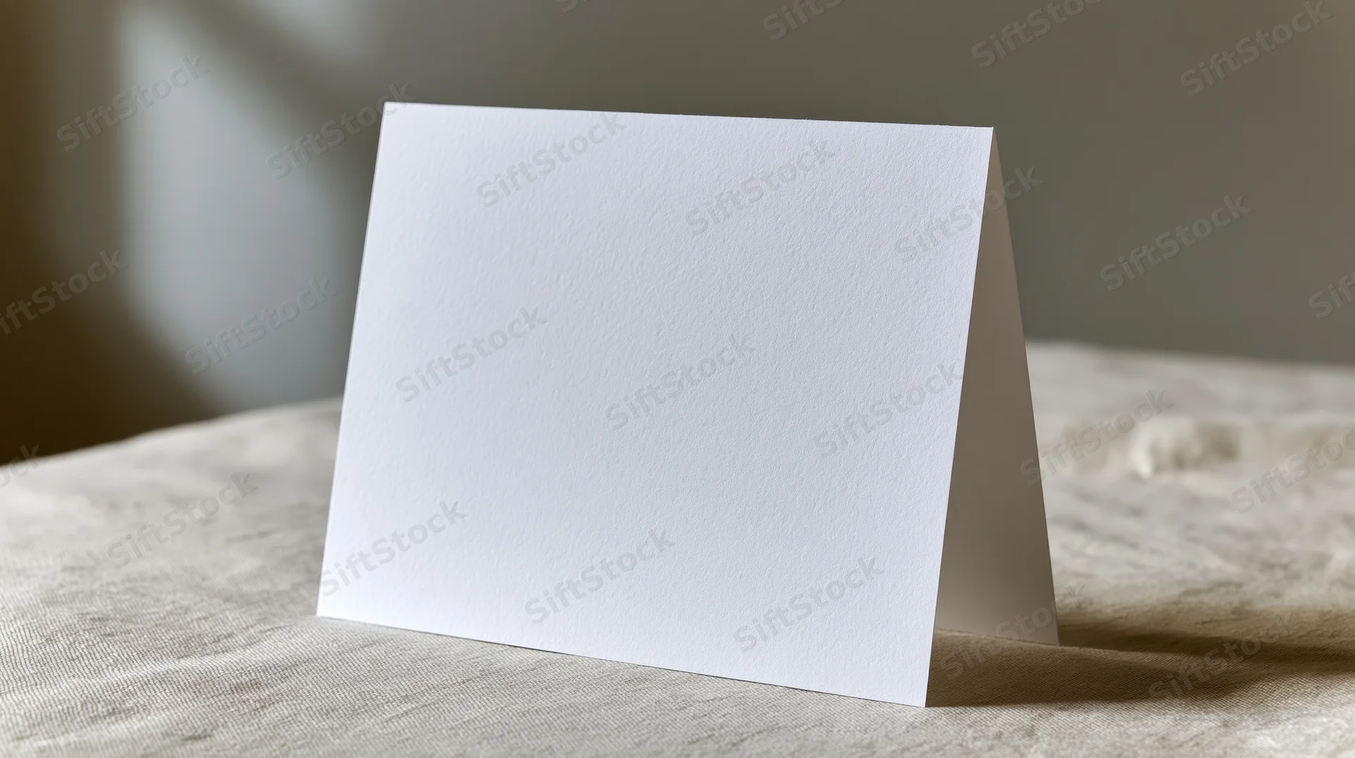 Blank white folded greeting card standing upright on a textured fabric surface