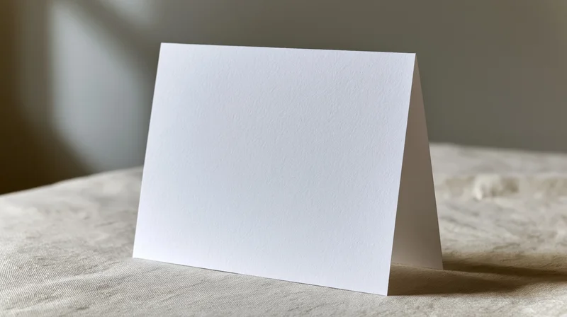 Blank white folded greeting card standing upright on a textured fabric surface