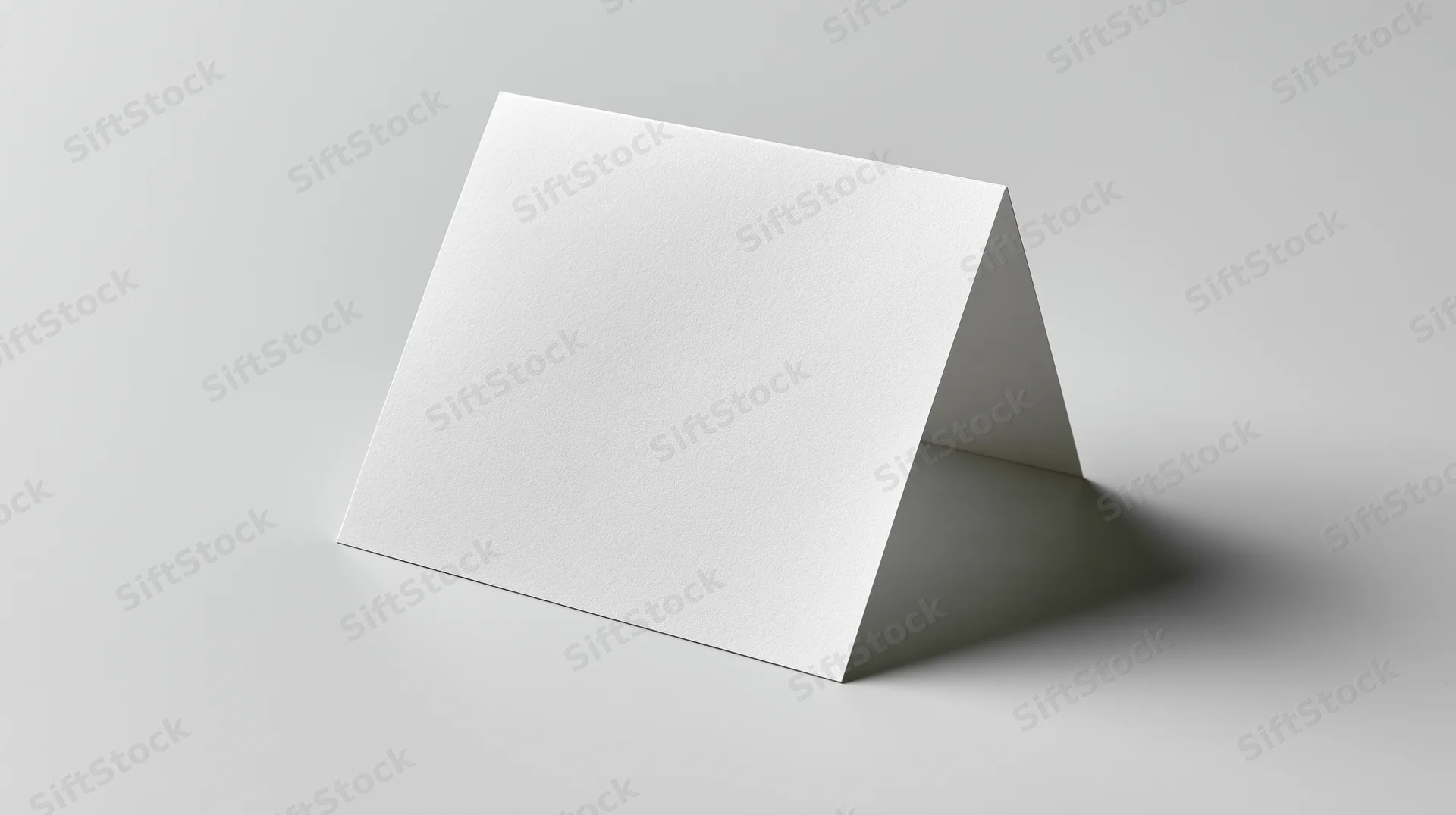 Blank white folded card standing on a plain surface with soft shadow and copyspace