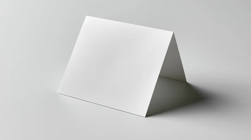 Blank white folded card standing on a plain surface with soft shadow and copyspace