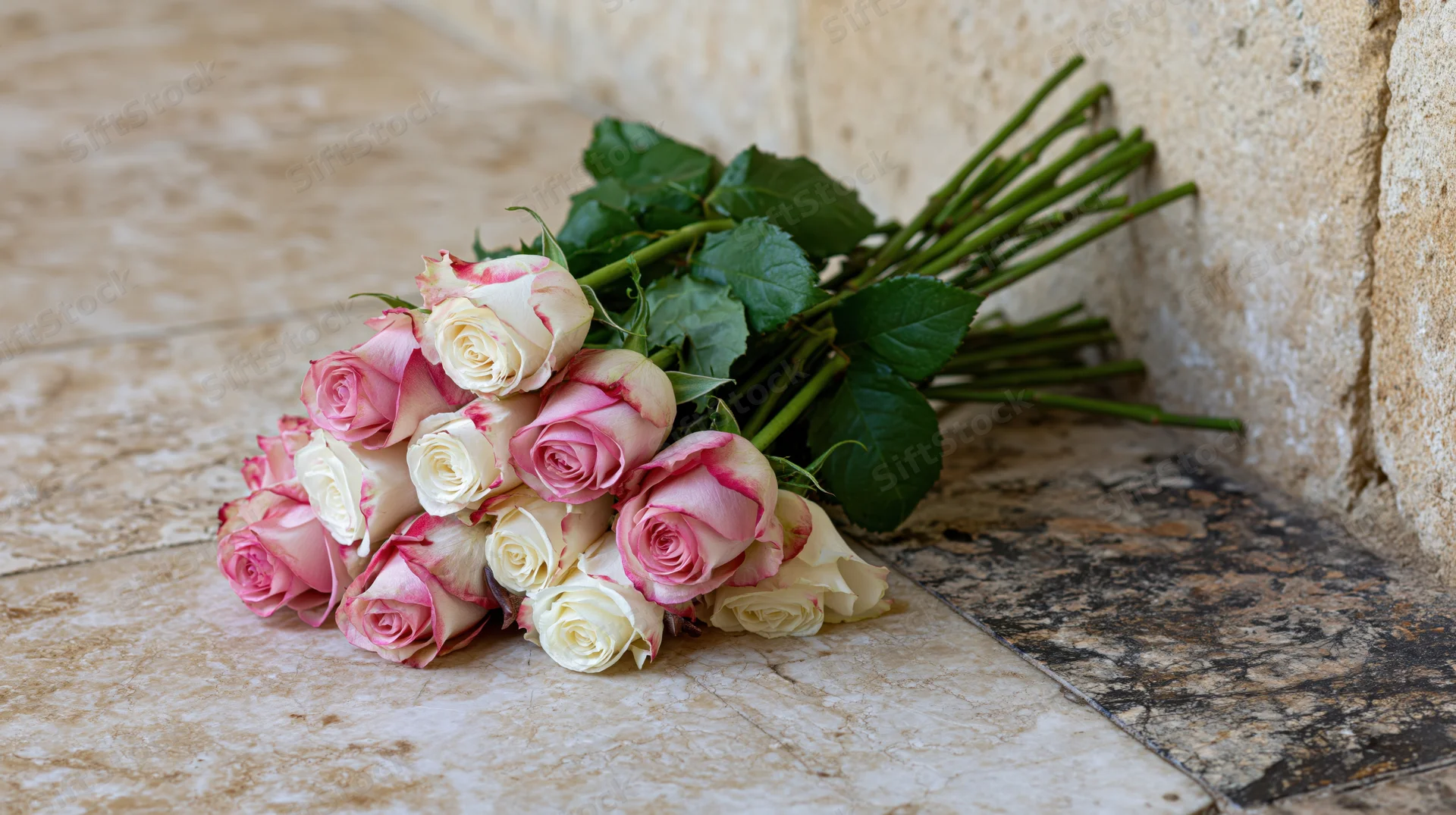 Bouquet of pink and white roses resting on worn marble floor