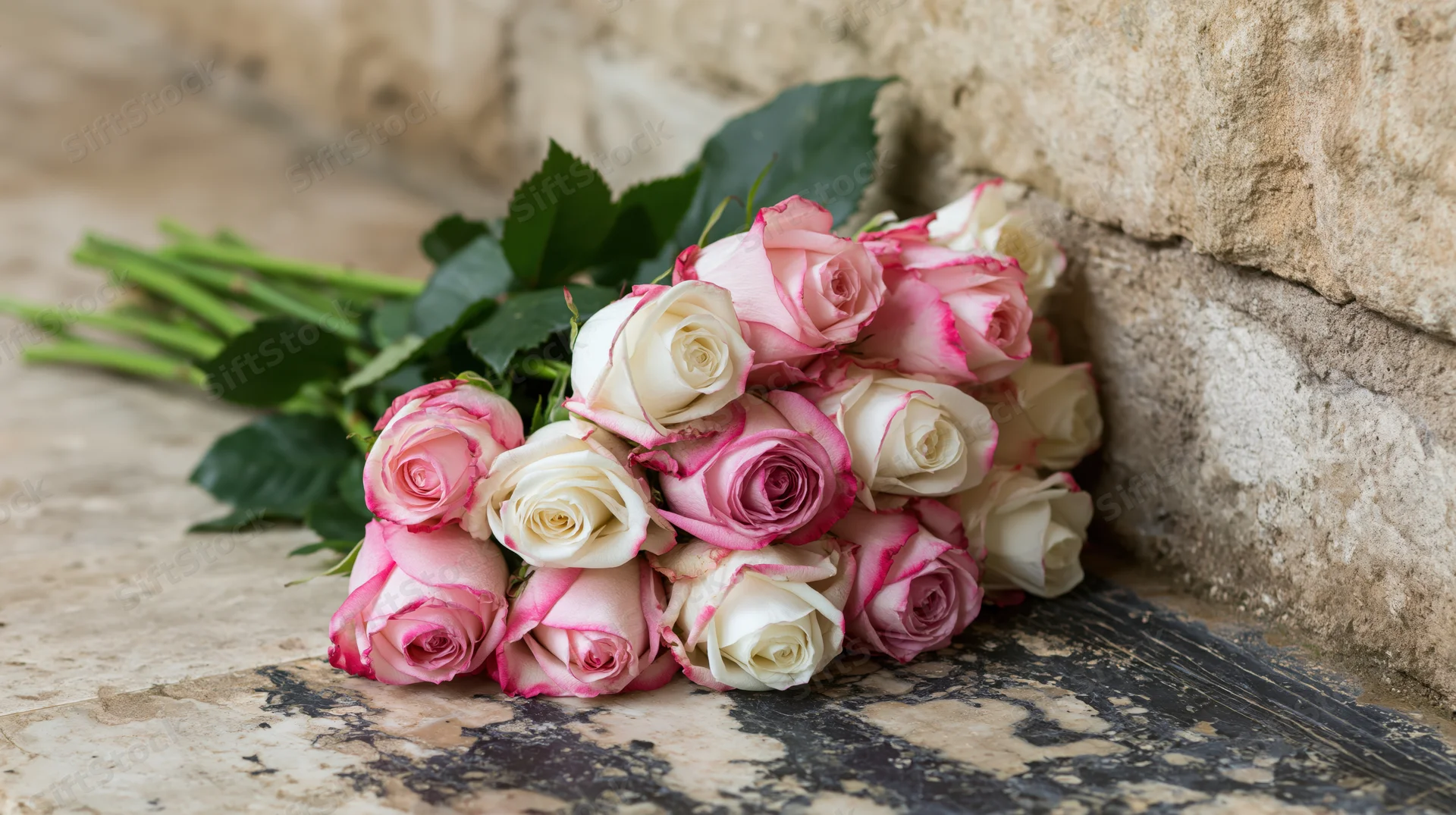 Bouquet of pink and white roses resting on a worn marble surface