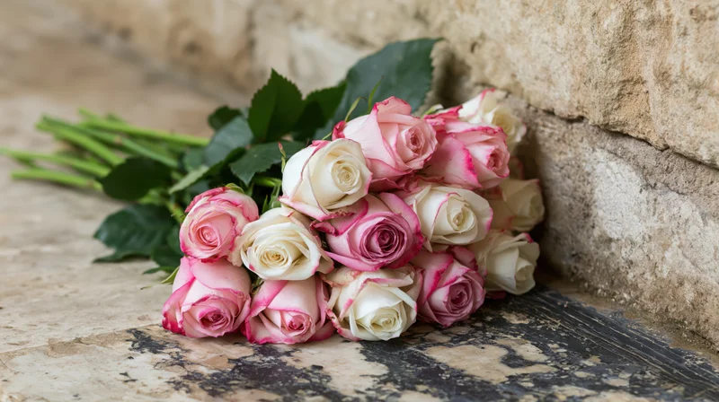 Bouquet of pink and white roses resting on a worn marble surface