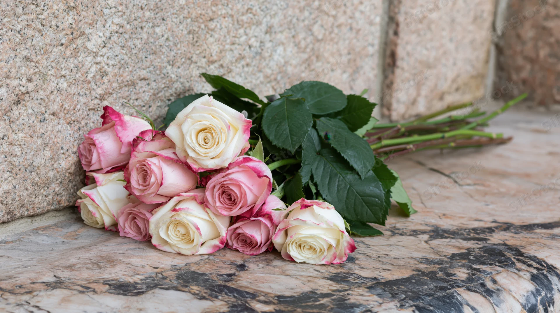 Bouquet of pink and white roses resting on worn marble surface near stone wall