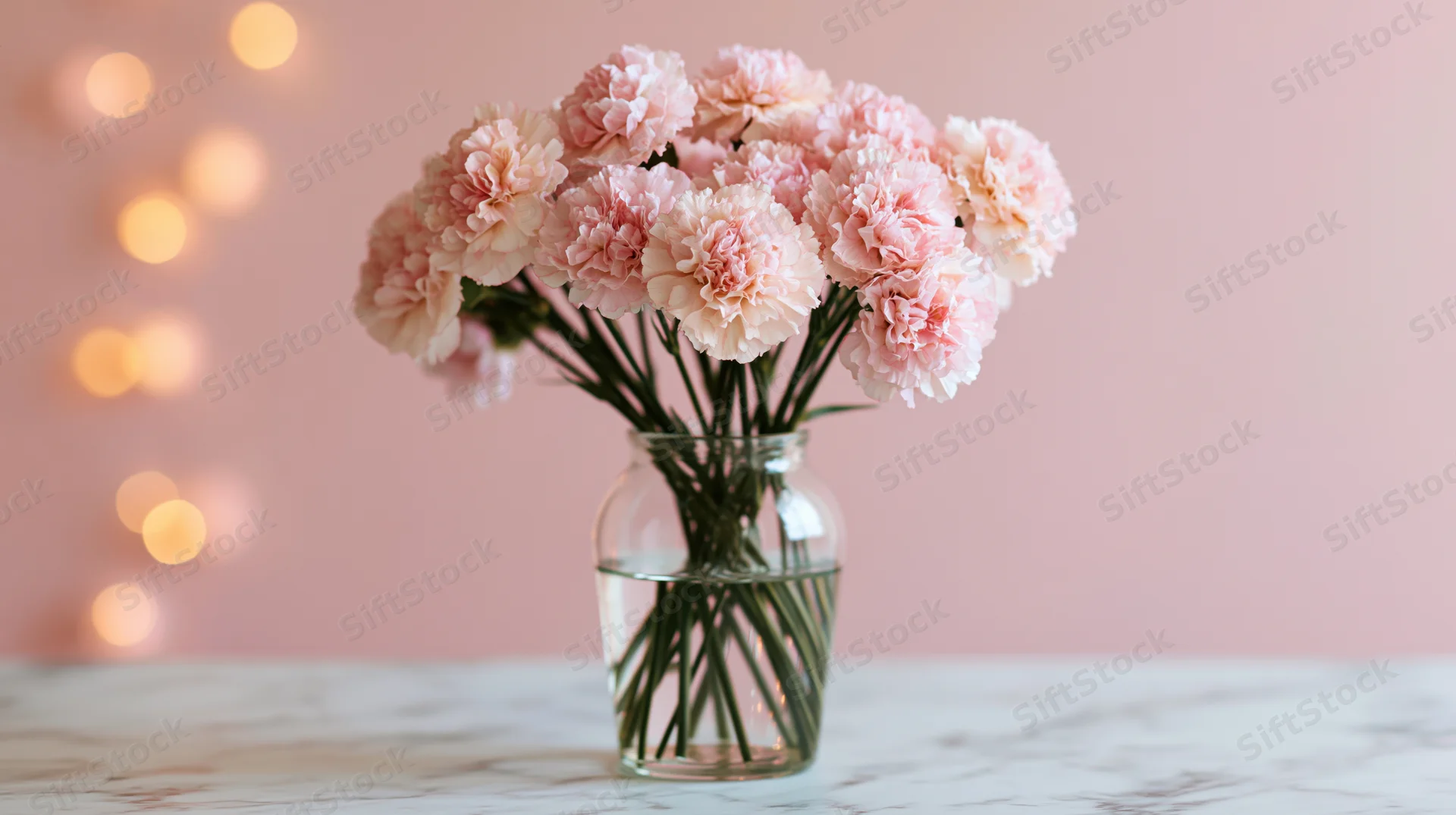 Soft pink carnations in a clear glass vase on a marble table with warm bokeh lights in the background