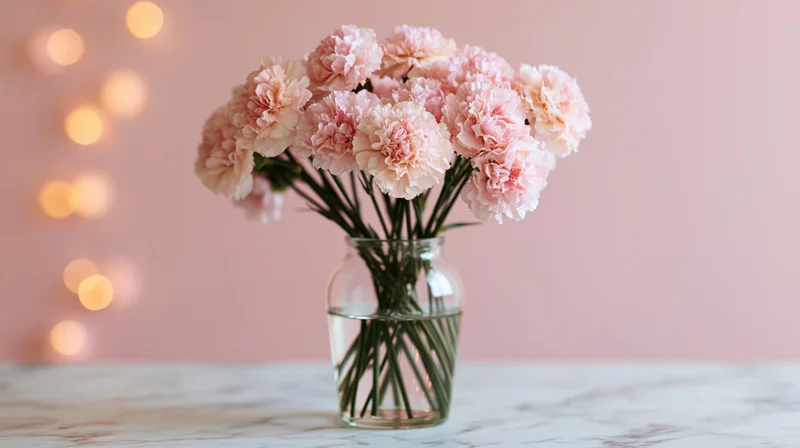 Soft pink carnations in a clear glass vase on a marble table with warm bokeh lights in the background