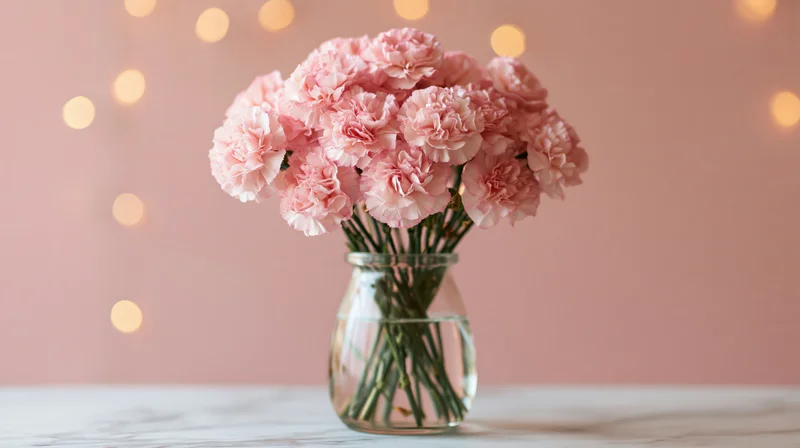 Soft pink carnations arranged in a clear glass vase on a marble table with bokeh lights in the background