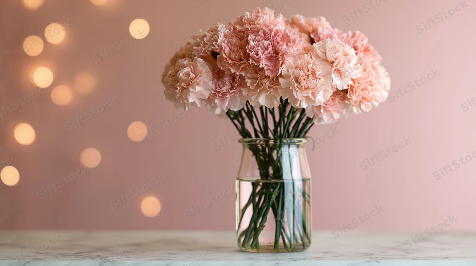 Soft pink carnations in a clear glass vase on a marble table with bokeh lights in the background
