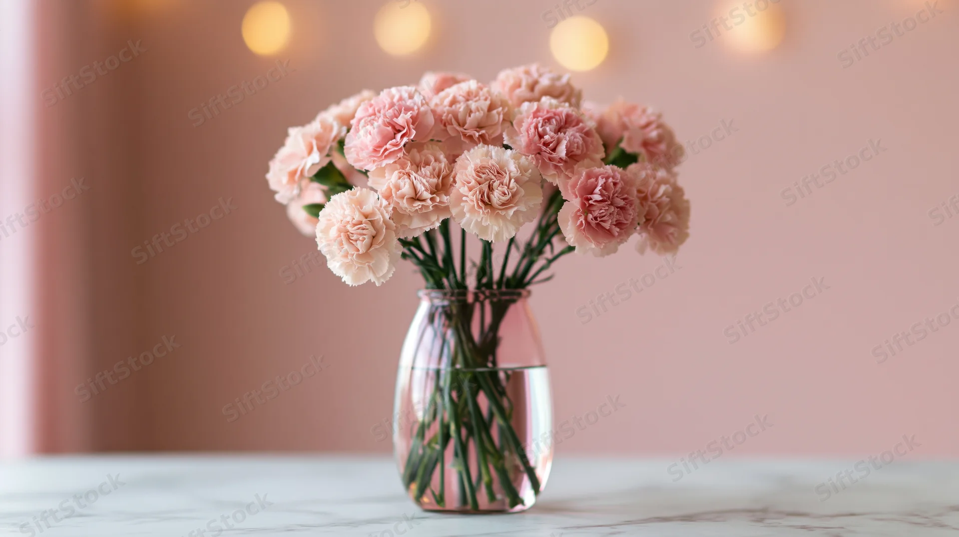 Soft pink carnations arranged in a clear glass vase on a marble table with warm bokeh lights in the background
