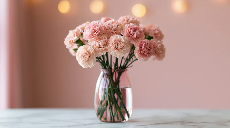 Soft pink carnations arranged in a clear glass vase on a marble table with warm bokeh lights in the background