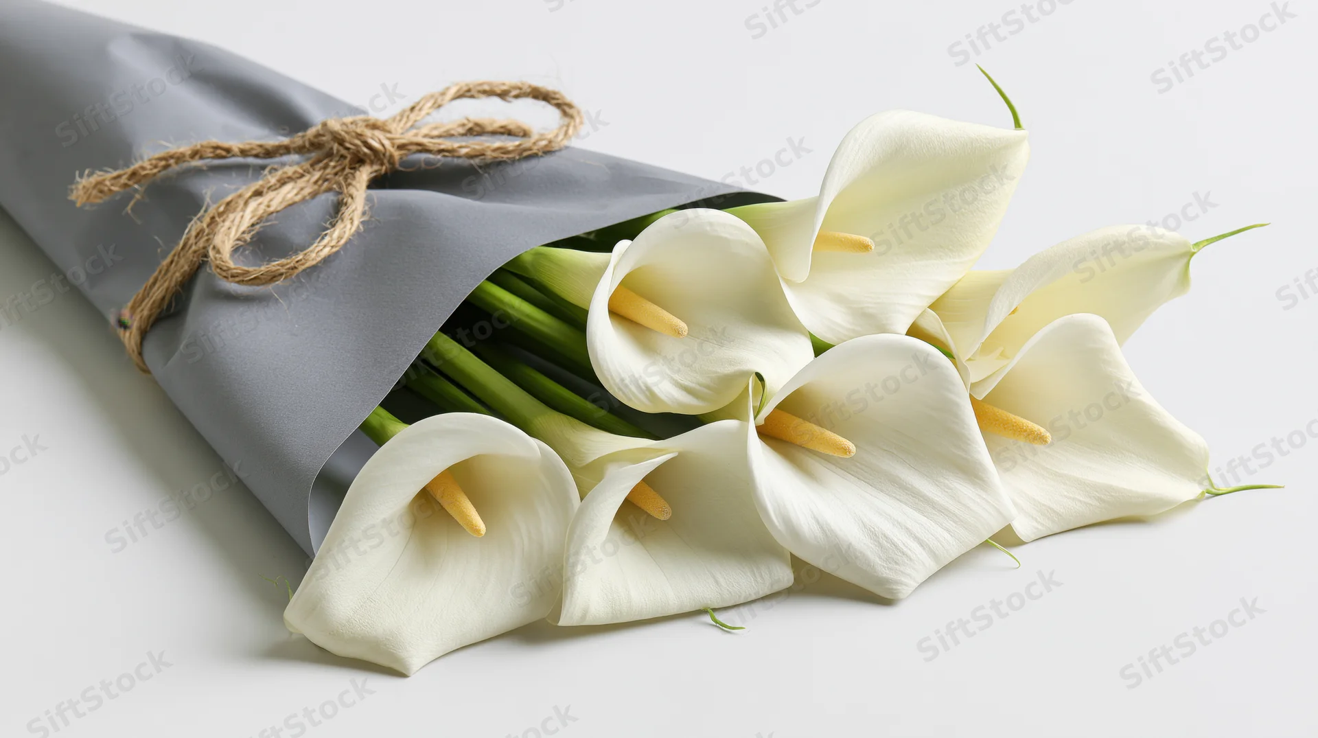 Bouquet of white calla lilies wrapped in grey paper with twine bow on white surface