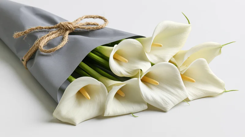 Bouquet of white calla lilies wrapped in grey paper with twine bow on white surface