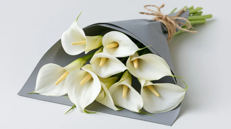 Bouquet of white calla lilies wrapped in matte grey paper with twine tied around stems, lying on white surface