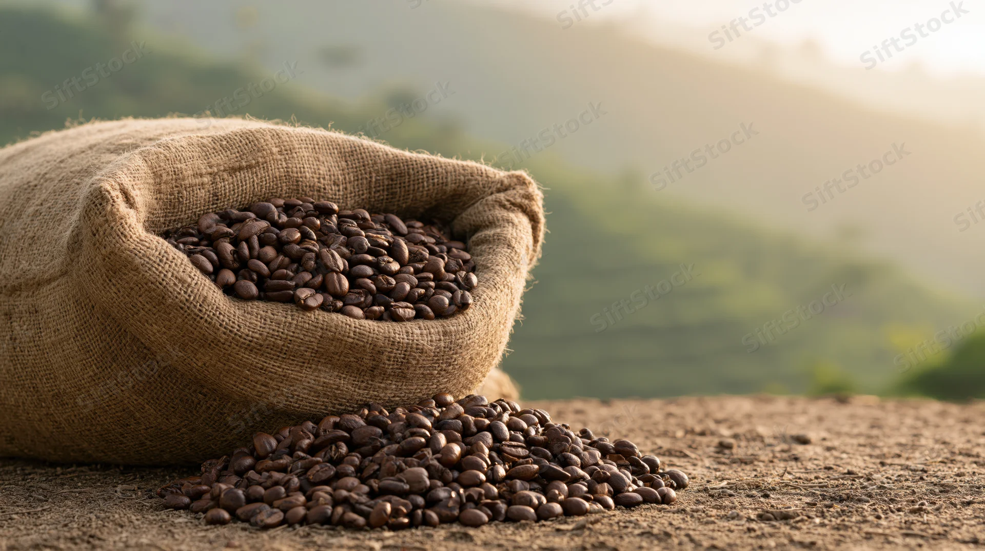 Roasted coffee beans spilling from a burlap sack on a farm with hills in the background