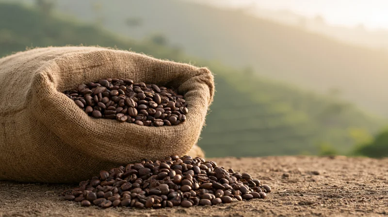 Roasted coffee beans spilling from a burlap sack on a farm with hills in the background