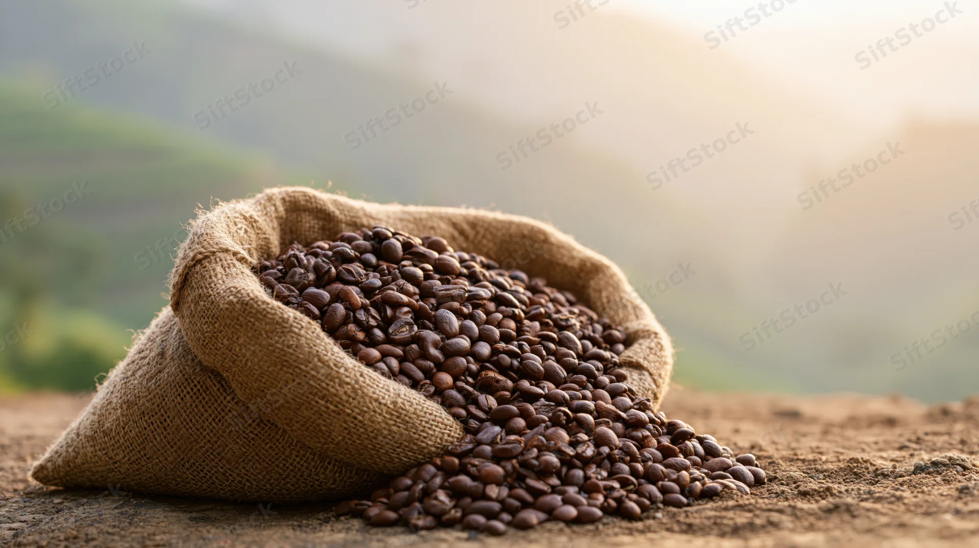 Roasted coffee beans spilling from a burlap sack on a rocky surface at sunrise in a rural landscape