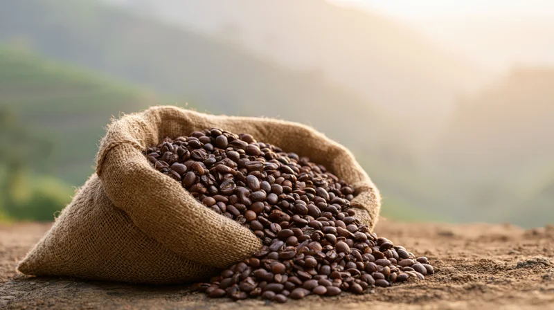 Roasted coffee beans spilling from a burlap sack on a rocky surface at sunrise in a rural landscape