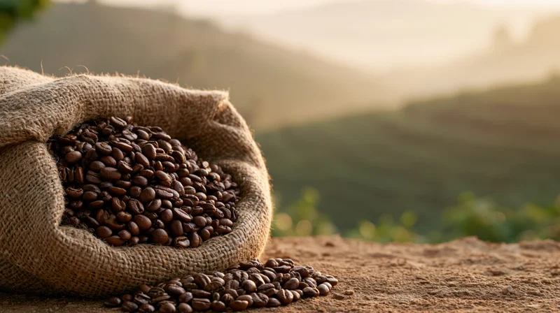 Burlap sack overflowing with roasted coffee beans on dirt