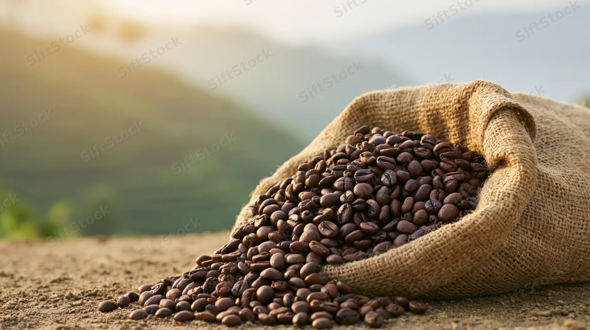 Roasted coffee beans spilling from a burlap sack on a dirt ground with mountains in the background