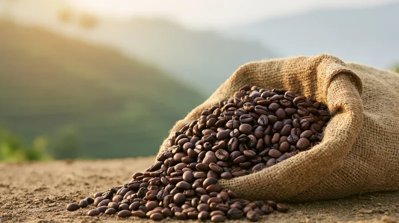 Burlap sack overflowing with coffee beans set on a dirt surface