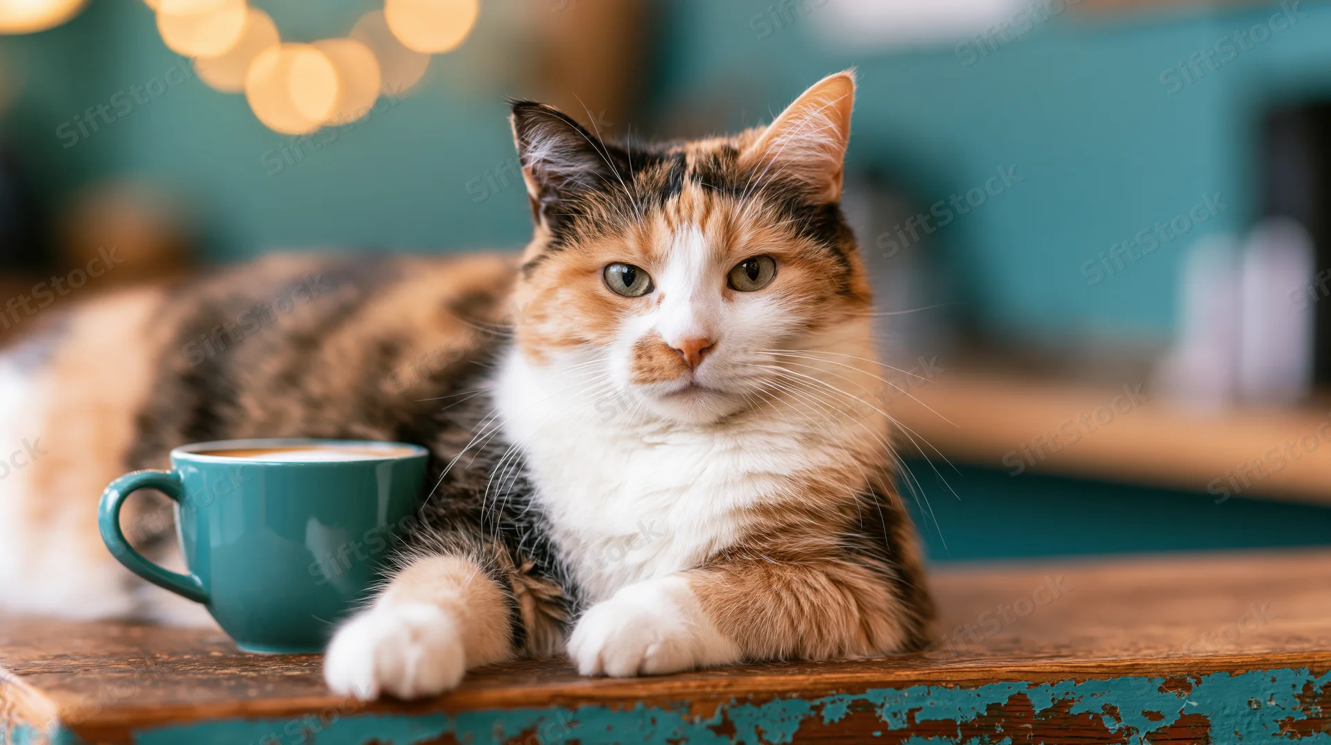 Calico cat resting with paws on a worn wooden cafe counter beside a teal coffee mug