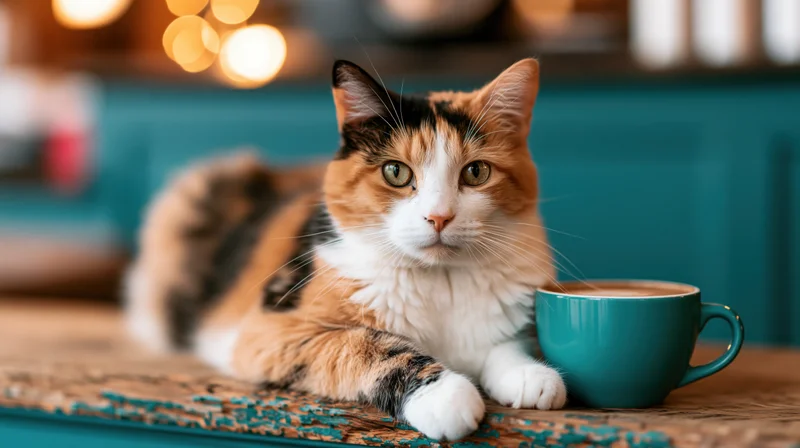 Calico cat resting with paws on wooden cafe counter beside a teal coffee cup
