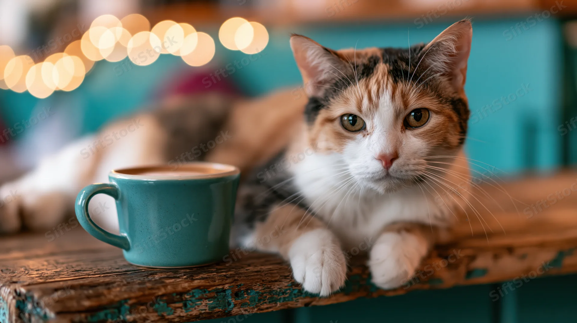 Calico cat resting with paws on worn wooden cafe counter beside teal ceramic mug