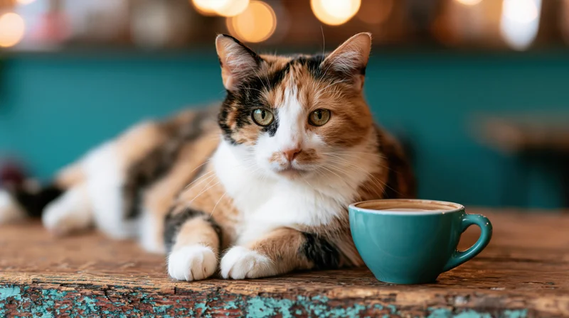 Calico cat resting on worn wooden cafe counter beside teal coffee cup