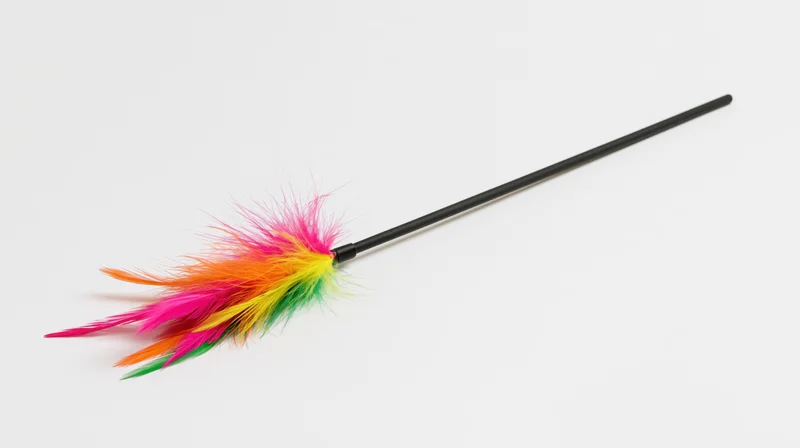 Cat toy wand with colorful feathers on a black flexible rod isolated on white background