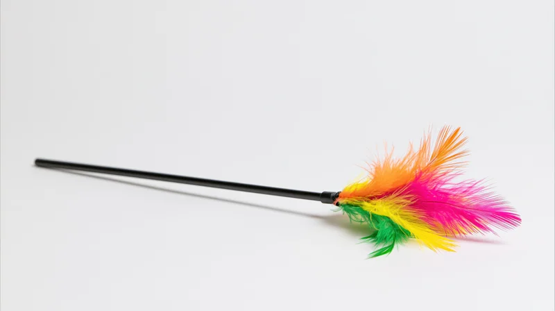 Cat toy wand with colorful feathers on a black flexible rod against white background