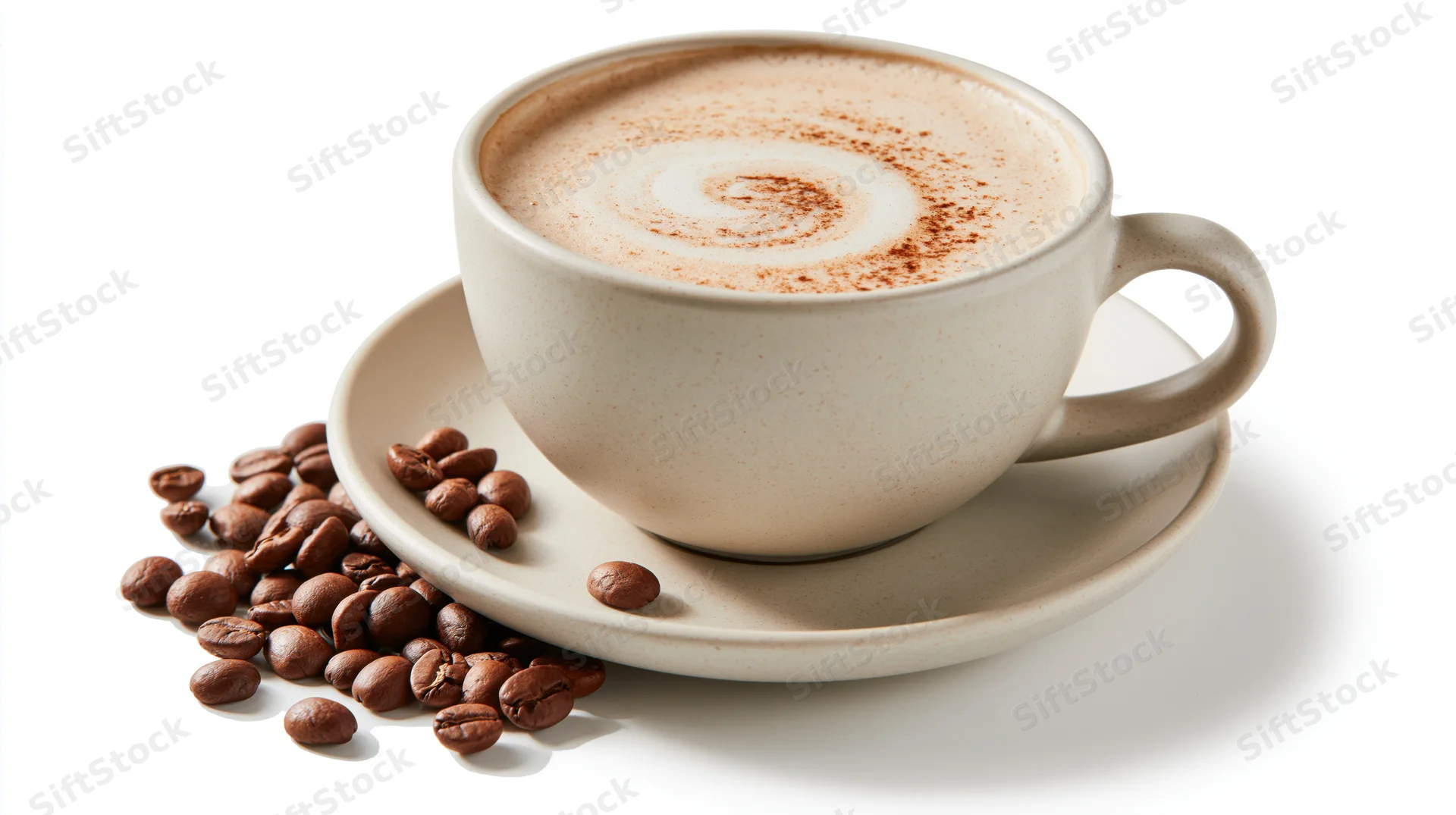 Ceramic cappuccino cup with latte art swirl and coffee beans on saucer, isolated on white background