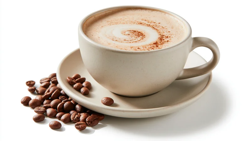 Ceramic cappuccino cup with latte art swirl and coffee beans on saucer, isolated on white background