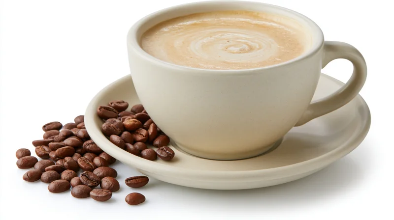 Ceramic cappuccino cup with latte art swirl on matching saucer beside roasted coffee beans on white background