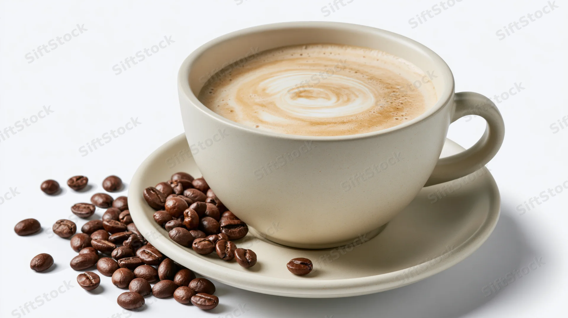 Ceramic cappuccino cup with latte art swirl on matching saucer surrounded by coffee beans on white background