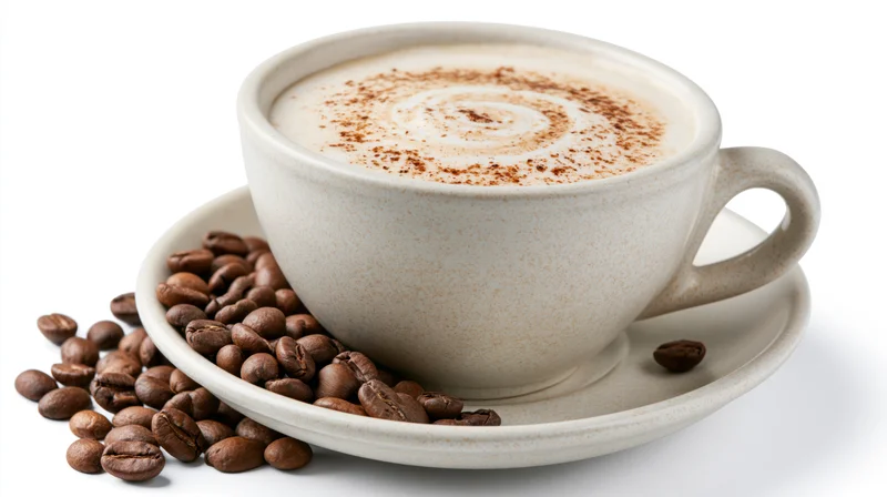Ceramic cappuccino cup with latte art swirl and cinnamon on saucer surrounded by coffee beans on white background