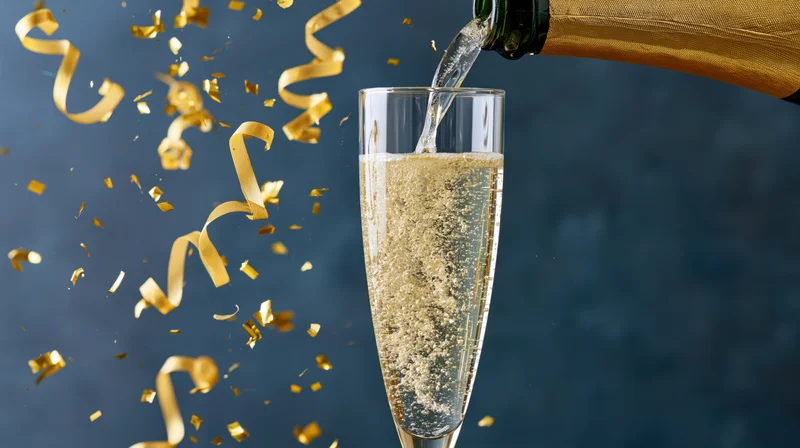 Champagne being poured into a flute with golden confetti and ribbons floating around it